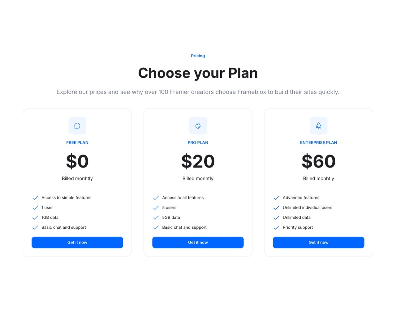 Framer Pricing Section - Frameblox UI