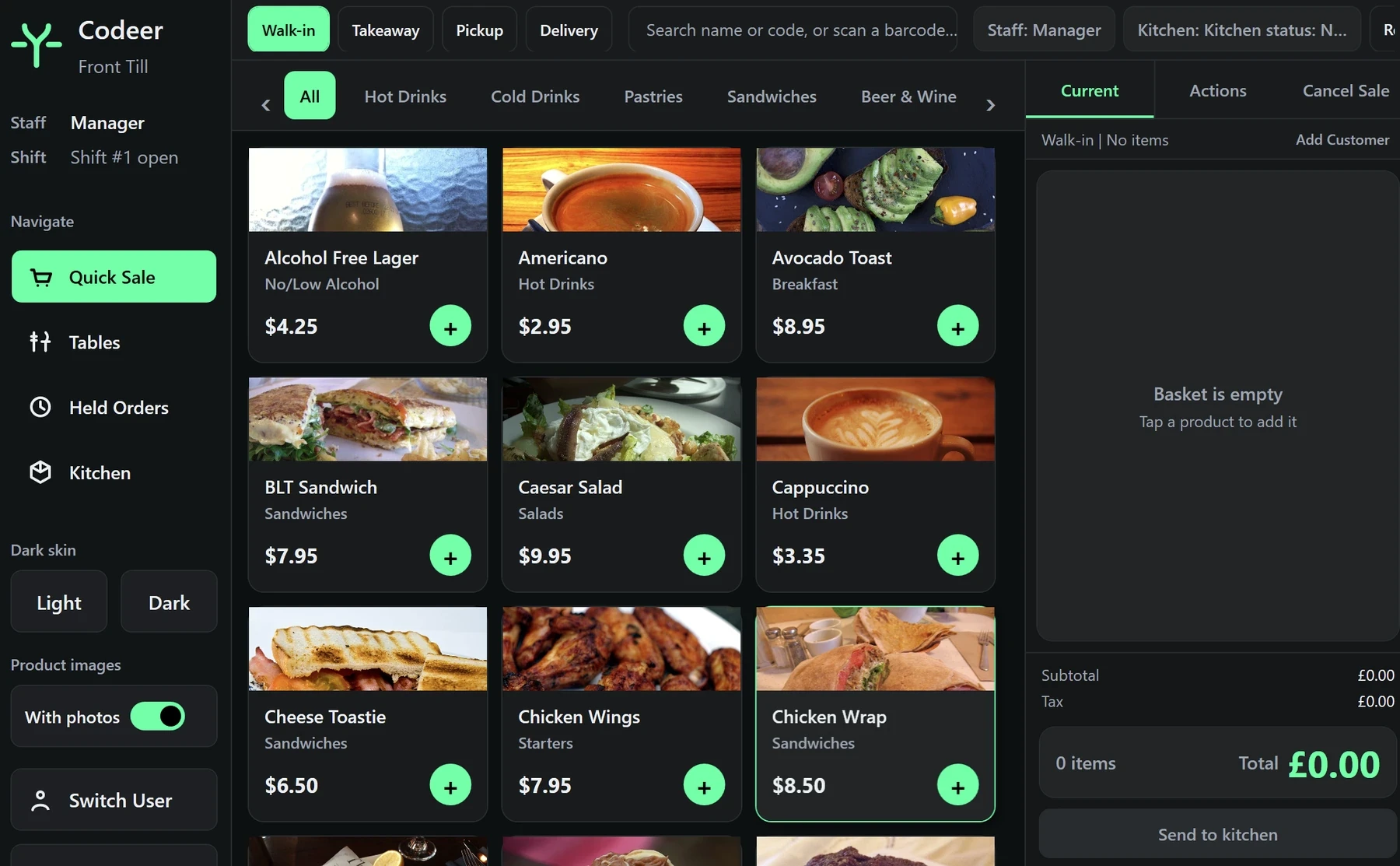 Free Codeer pub and bar EPOS software showing drinks products and order controls