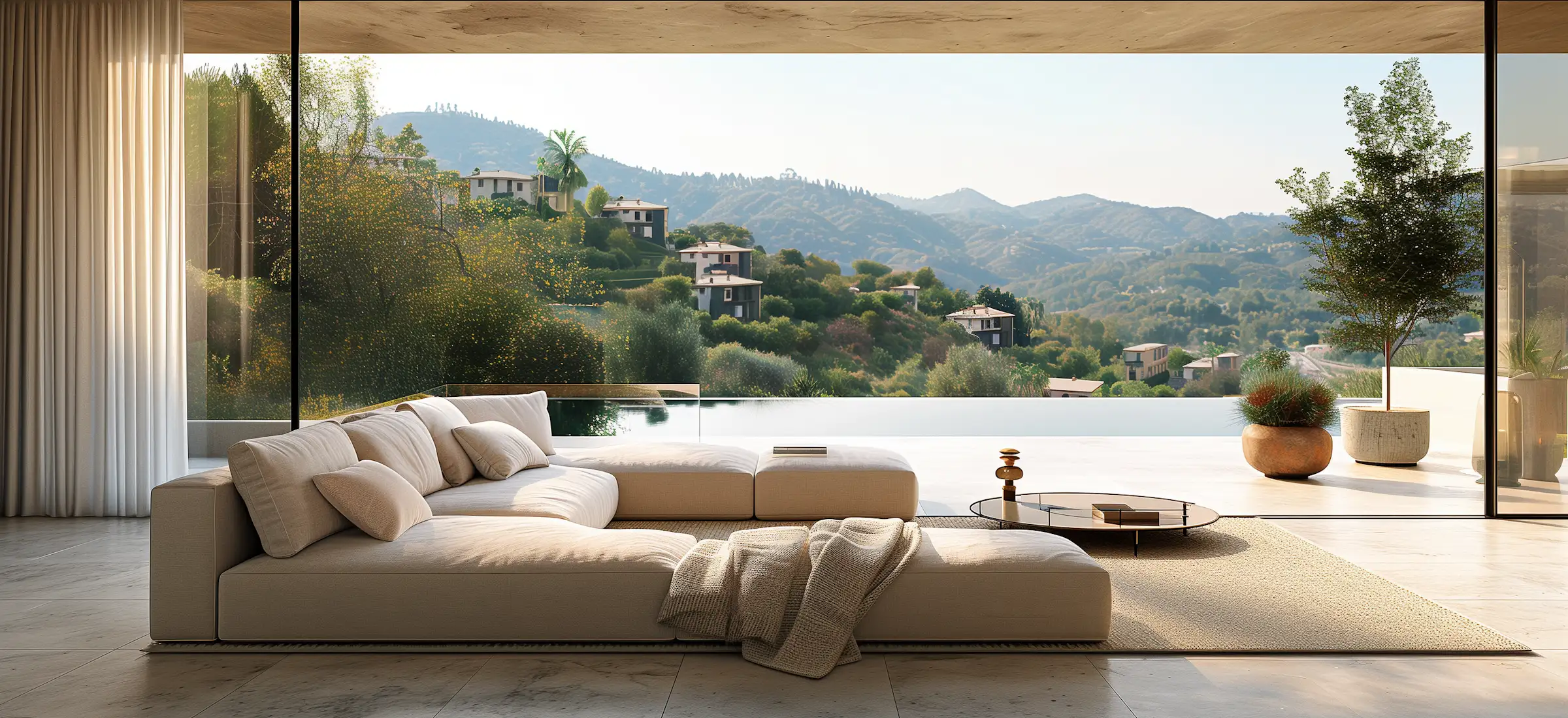 Spacious lounge with seating arrangement and decorative accents