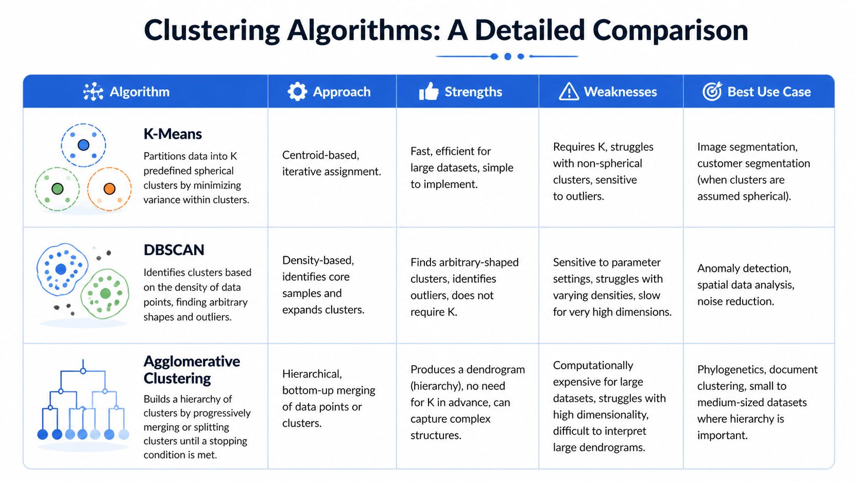 A comparison table outlining the key approaches, strengths, weaknesses, and use cases of K-Means, DBSCAN, and Agglomerative clustering.