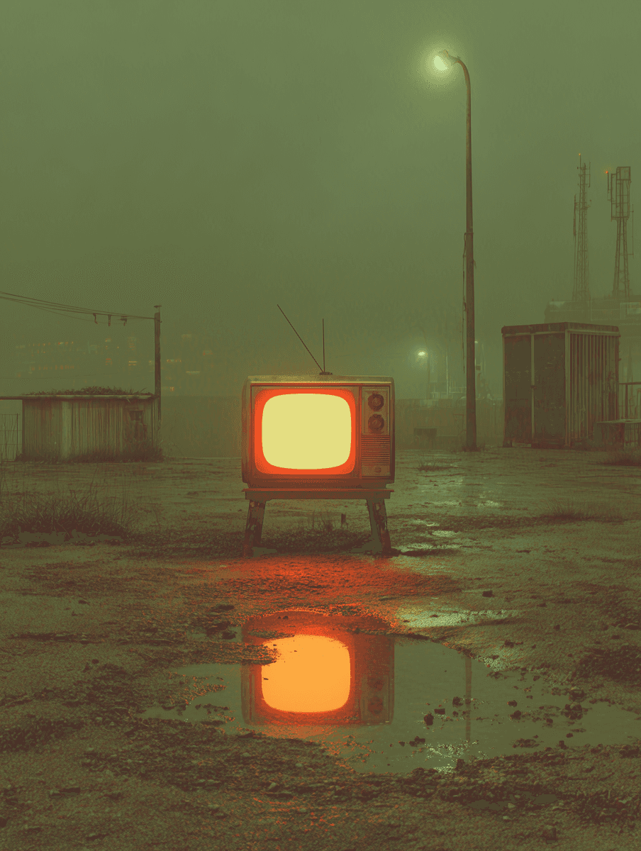 Vintage television set with a bright orange glowing screen sitting on wet