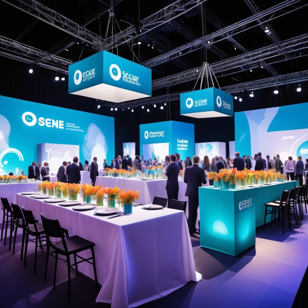 An image of a client attending an event with branded gear products on tables