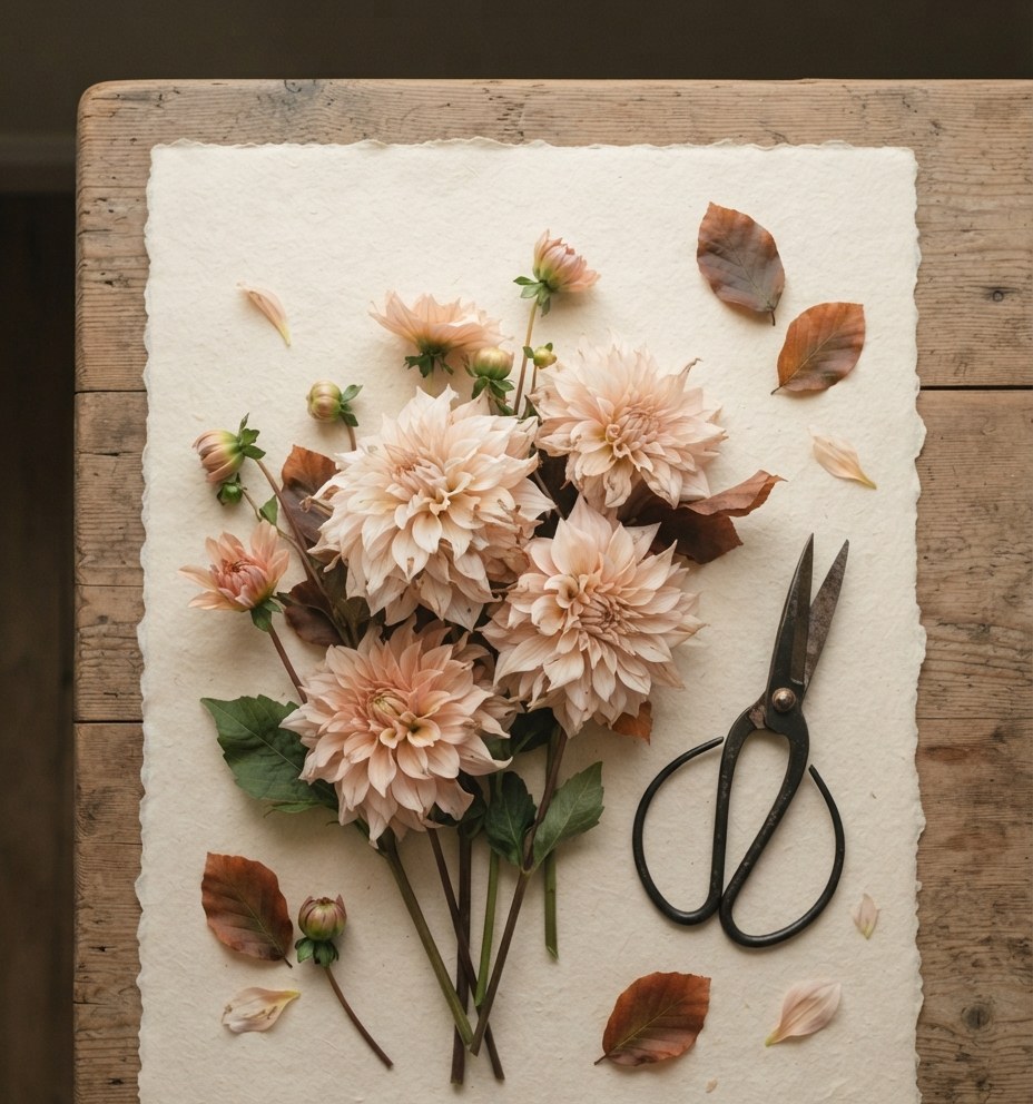Dahlia Season, a hand-tied bouquet of café au lait dahlias, cosmos, rosehip and copper beech (close-up)