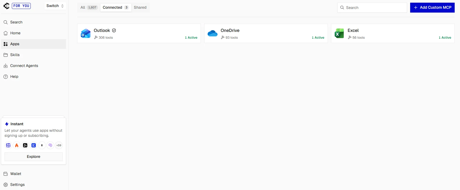 Composio dashboard showing Outlook, OneDrive and Excel connected