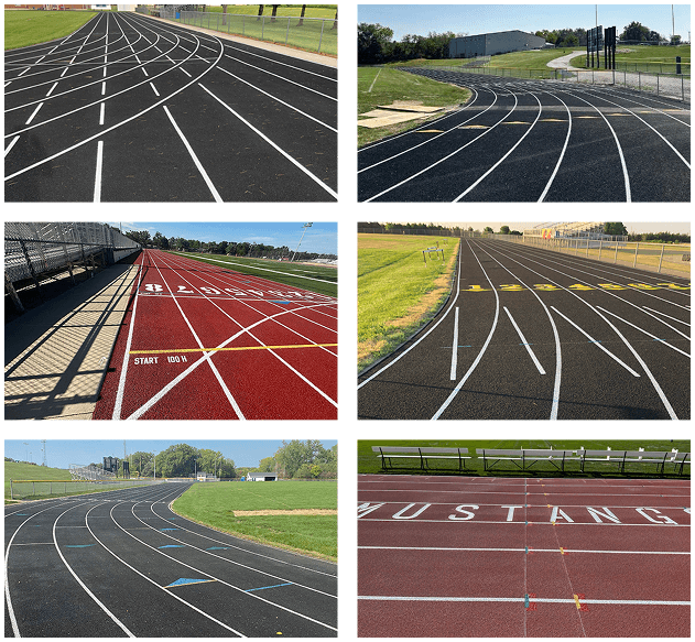 Various running track surfaces including black, red, and synthetic latex systems