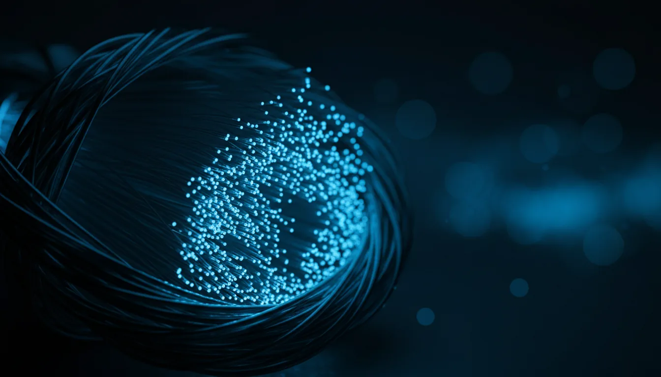 Macro DSLR photograph of a dense bundle of fiber optic cables, angled from the bottom left. Each individual glass strand has a glowing, brilliant cool-blue tip, creating a pointillist light effect. The image features cinematic contrast and an extremely shallow depth of field, with the fiber ends in tack-sharp focus against a dark, blurred background with subtle bokeh highlights. Monochromatic blue and black color palette, high-tech aesthetic.