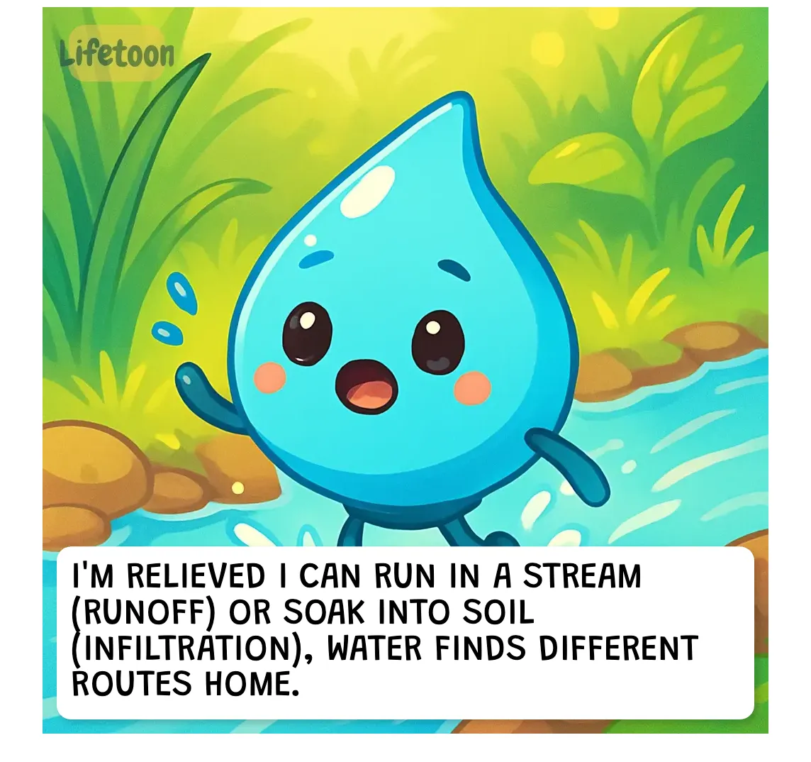 A cute cartoon water droplet character stands beside a small stream in a bright, colorful forest. The droplet looks cheerful and expressive, with big eyes and a small open mouth. A caption below explains that water can travel as runoff in streams or infiltrate into soil, taking different paths home. The Lifetoon logo appears in the top left corner.