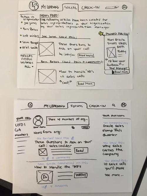 Detailed paper prototype of the LaunchSource internal social element.
