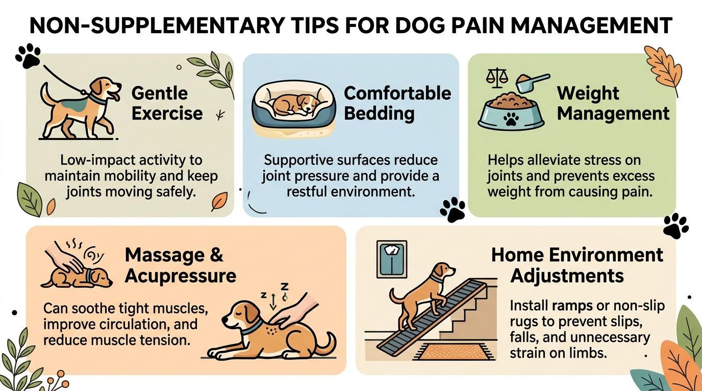 A visual guide outlining natural tips for managing dog pain, including exercise, bedding, and environment modifications.
