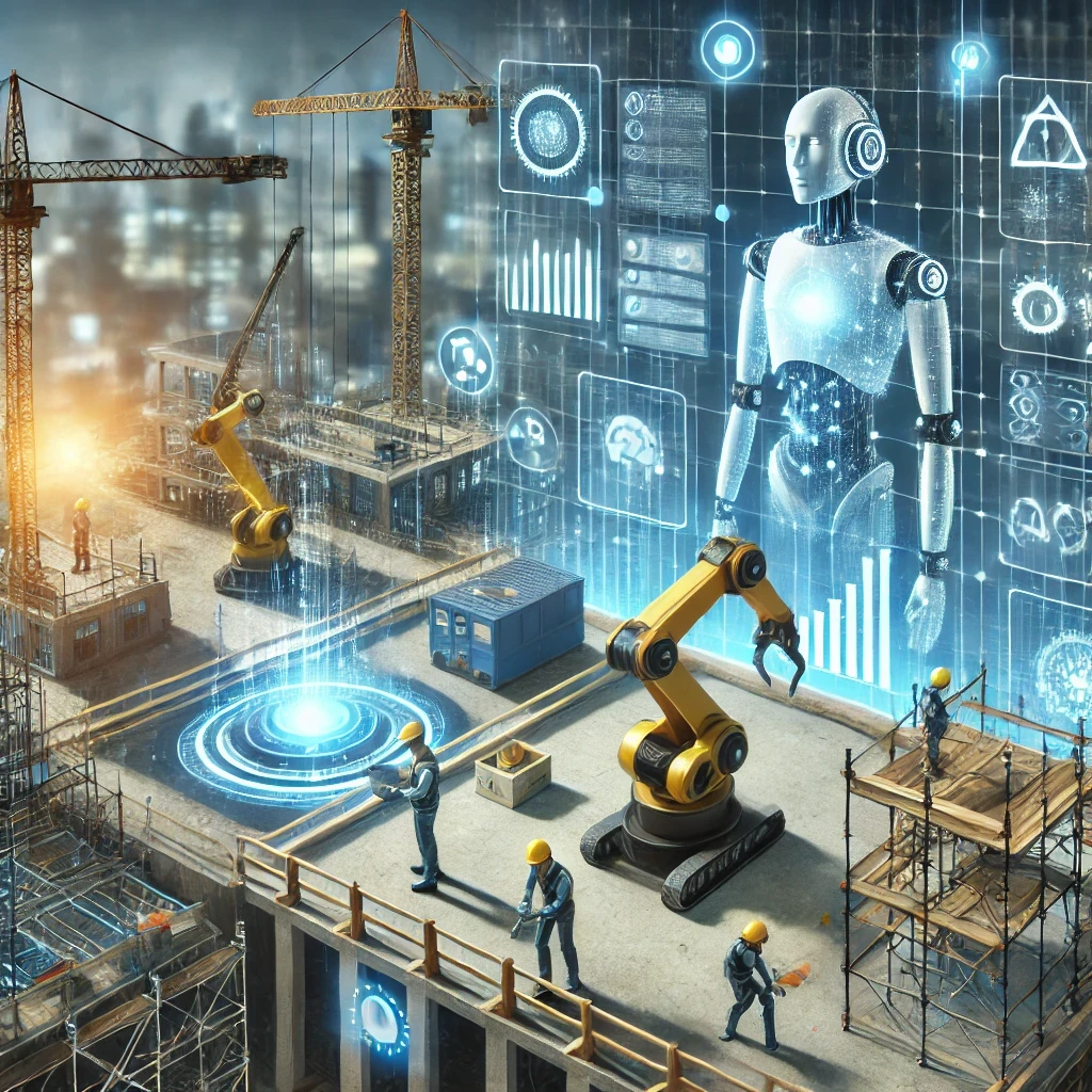 Chantier de construction utilisant l'intelligence artificielle avec des robots et des systèmes d'IA optimisant les tâches, les travailleurs surveillant les progrès via des tableaux de bord numériques