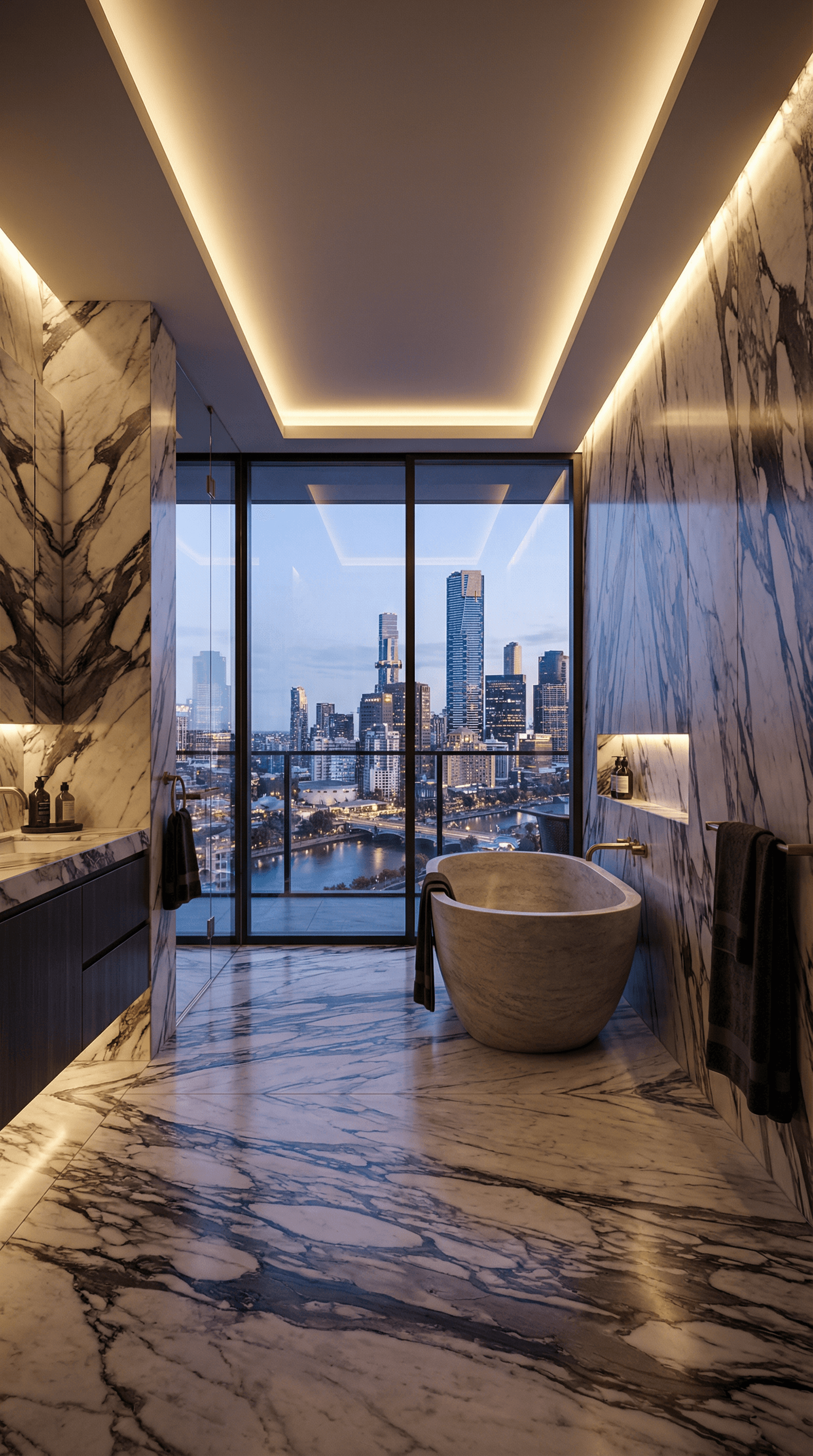Ultraluxury penthouse bathroom with bookmatched marble walls, freestanding stone tub and city skyline view at dusk