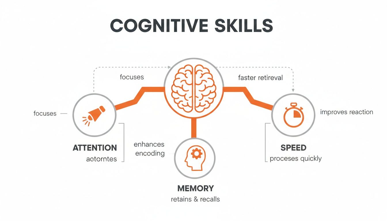 An infographic illustrating cognitive skills: attention, speed, and memory, with a central brain icon.