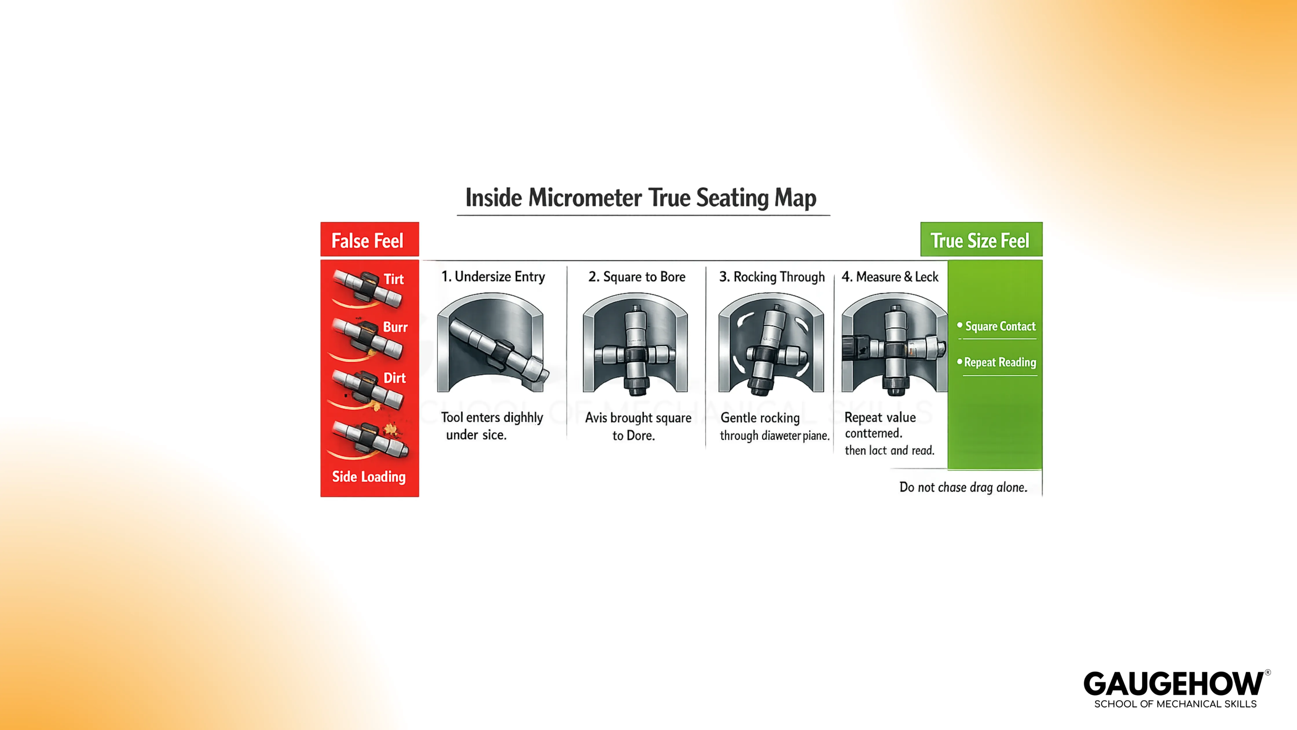 Inside micrometer true seating and rocking method diagram
