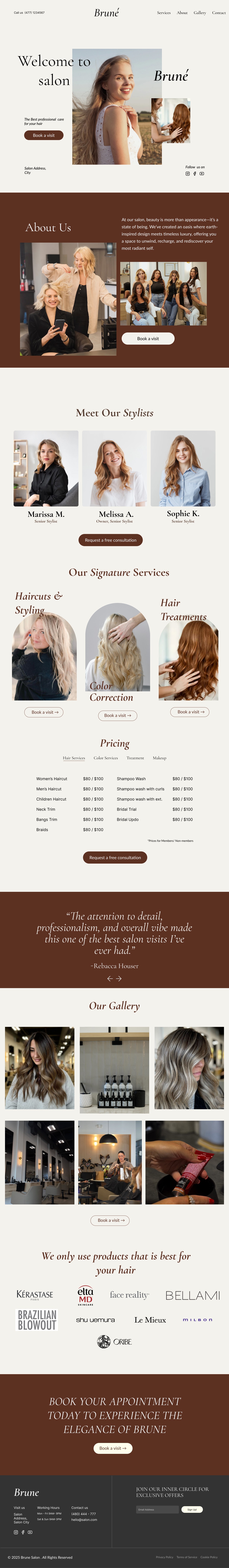 Modern hair salon website design with online booking for Brune Salon.