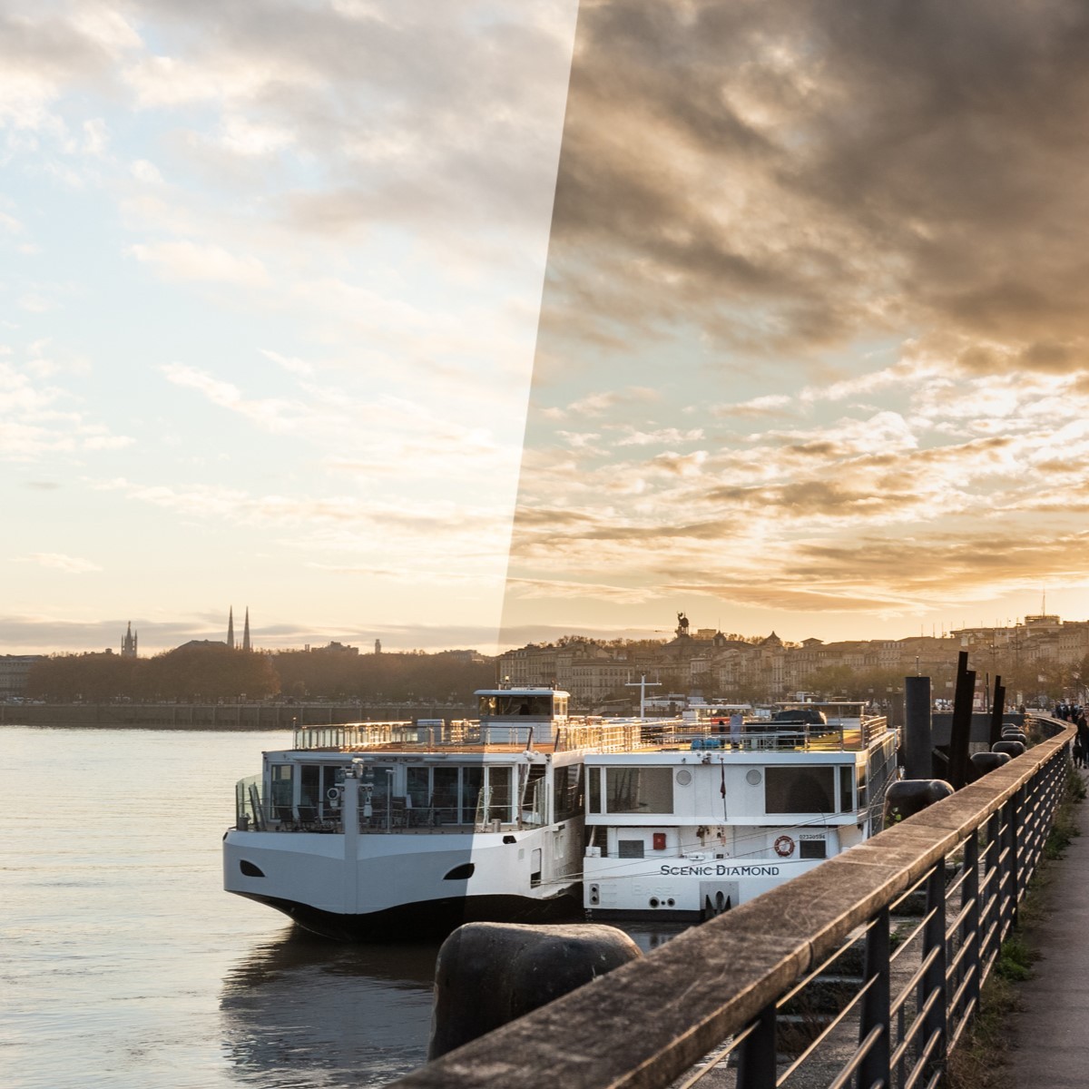 Avant-après de traitement lightroom d'une photo des quais de Bordeaux