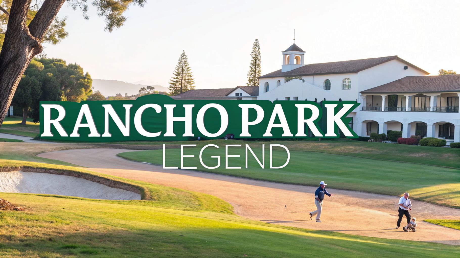 A scenic view of Rancho Park golf course with golfers, a white clubhouse, and mountains in the background.