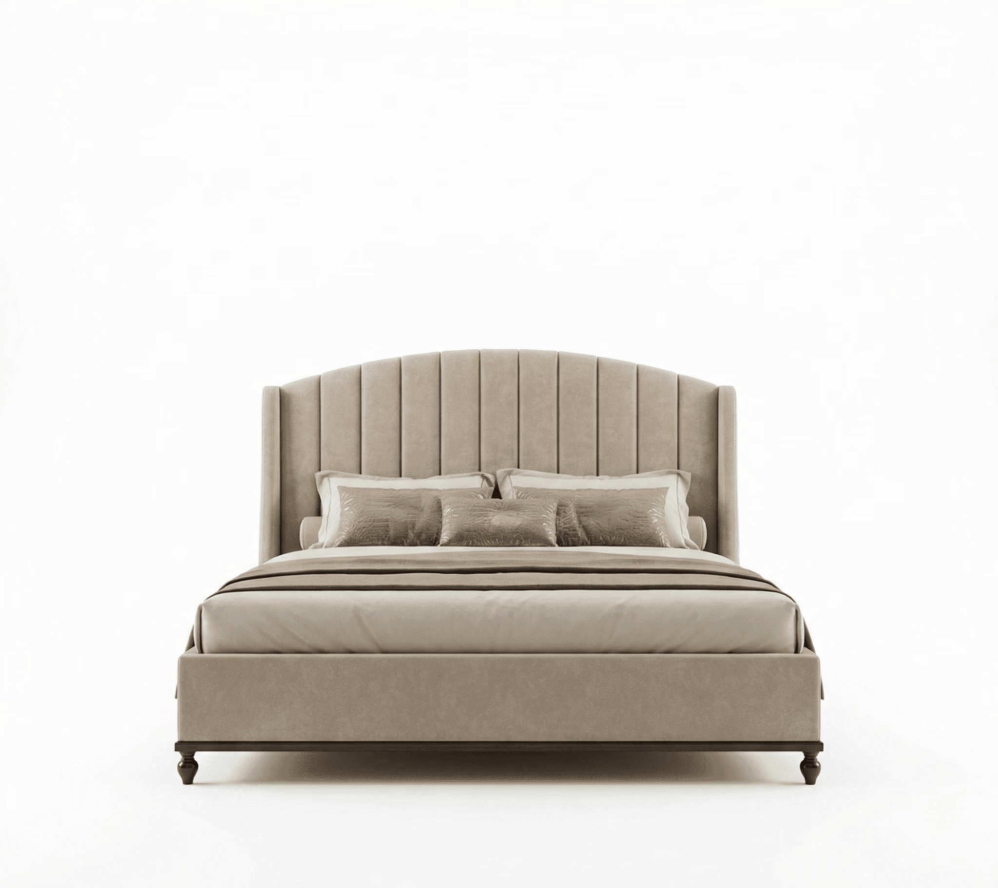 Upholstered bed with vertically channelled headboard and low platform base