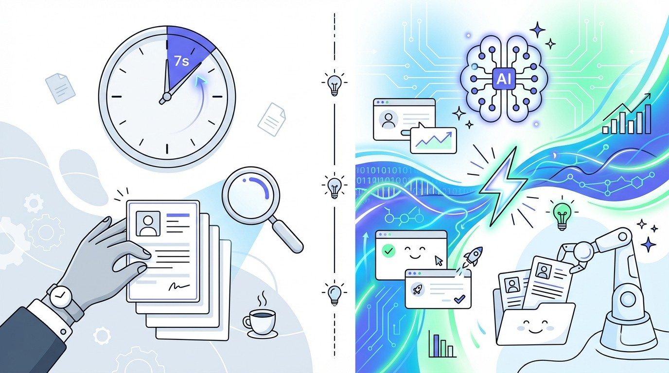 An infographic comparing manual and automated resume screening. On the left, a clock shows 7 seconds and a human hand sifts through resumes, symbolizing manual effort. On the right, a futuristic digital interface with data streams and an AI icon represents fast, automated screening.