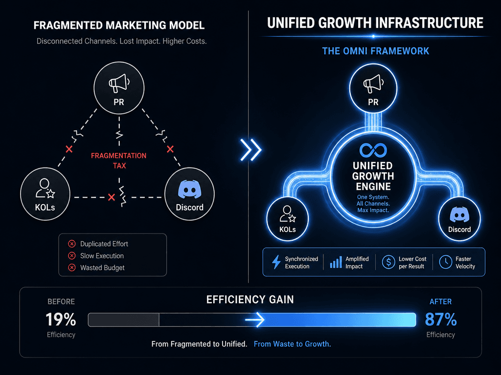 Comparison between fragmented marketing and the OMNI Framework showing how a unified growth engine synchronizes PR, KOLs, and community channels.