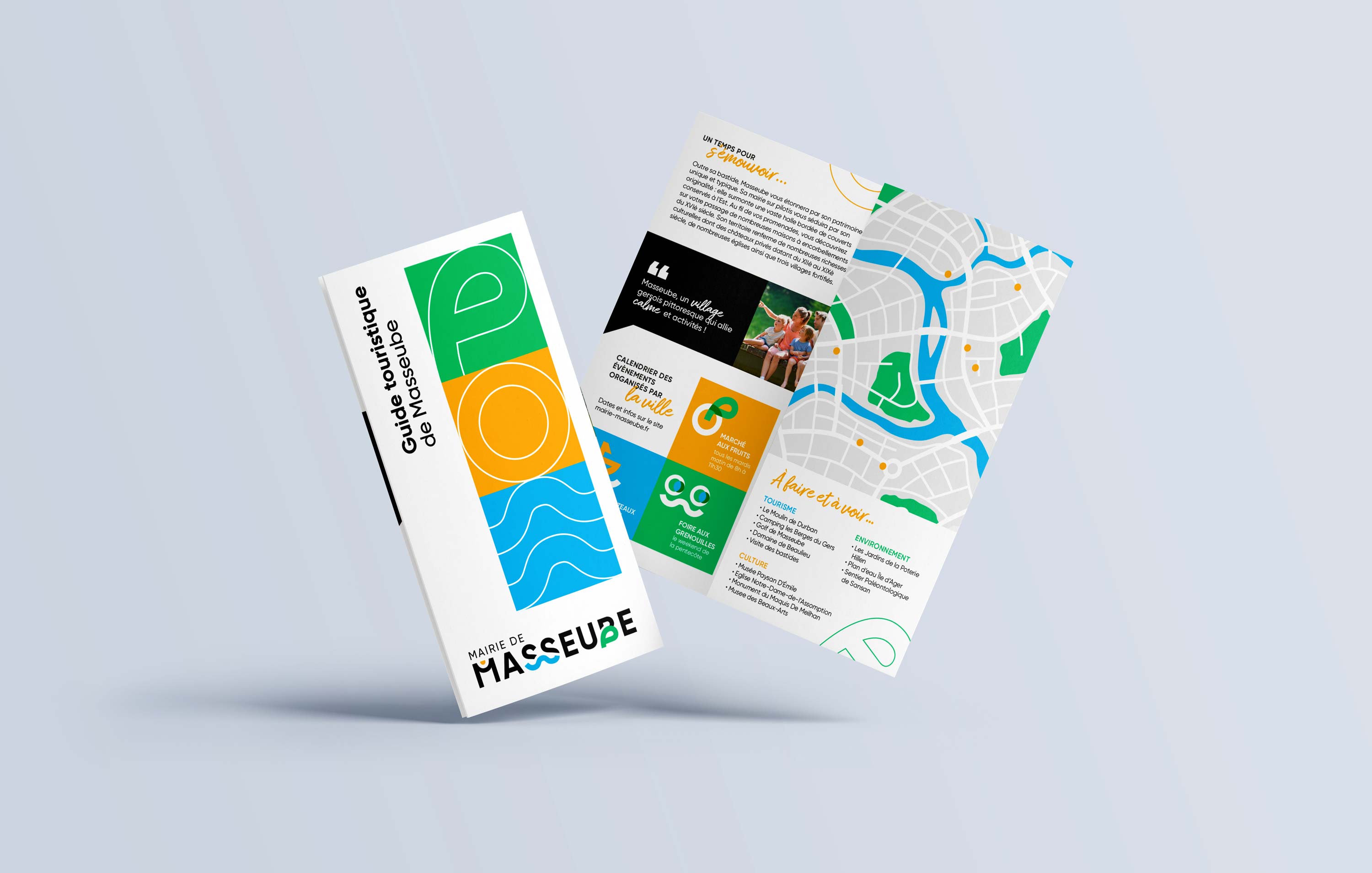 Dépliant informatif pour la Mairie de Masseube, mise en page colorée en grille
