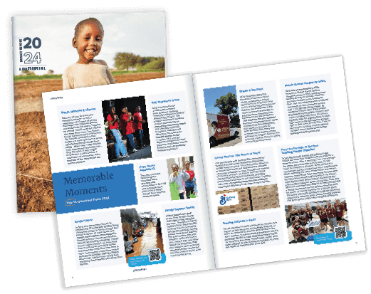 A printed annual report from A Child’s Hope Int’l is open to a spread titled “Impact Report,” featuring stories and photos of impact from 2023.