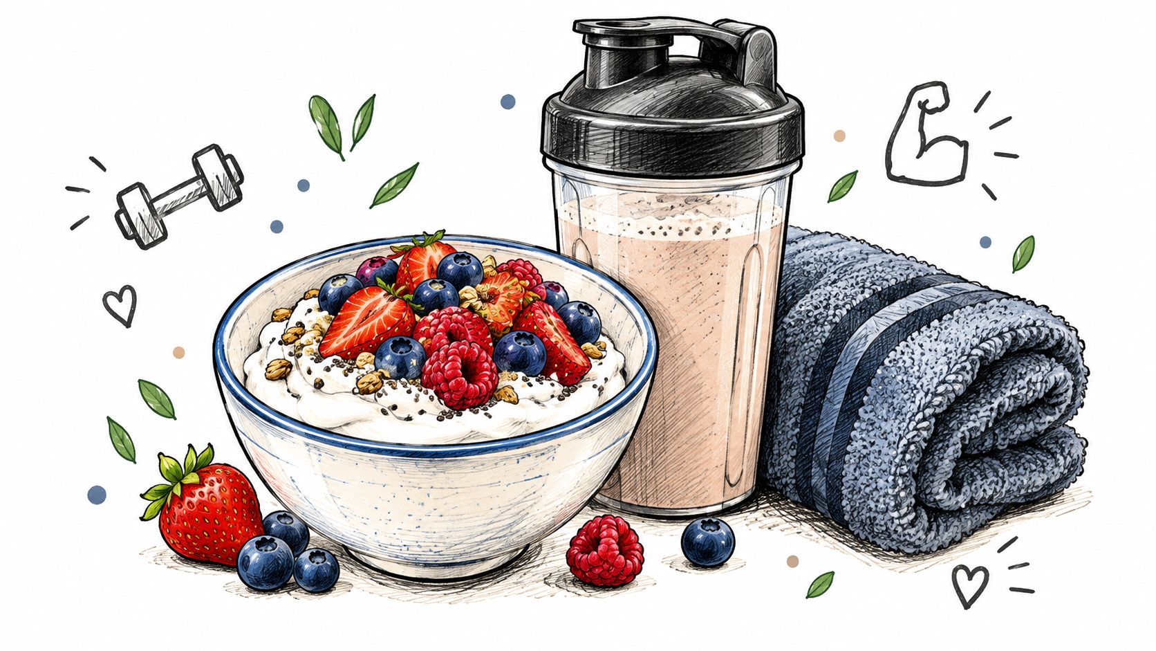 A healthy bowl of yogurt with berries and a protein shake next to a gym towel.
