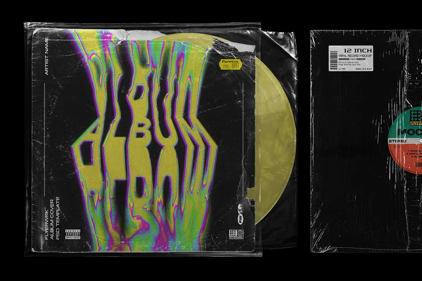 Vinyl record mockup bundle album cover with plastic sleeve and colored vinyl