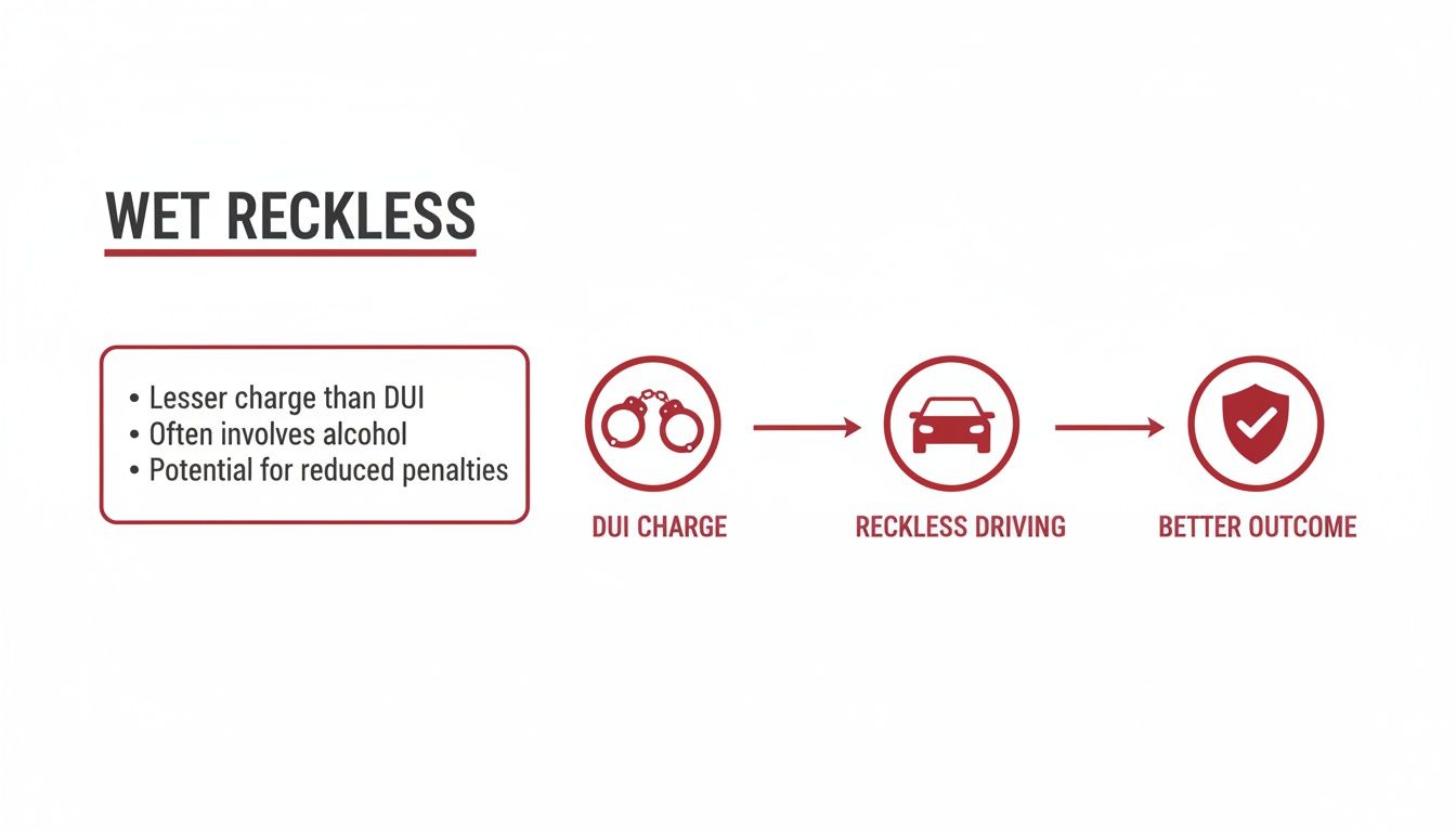 Infographic explains 'Wet Reckless' as a lesser charge than DUI, detailing characteristics and a better outcome.
