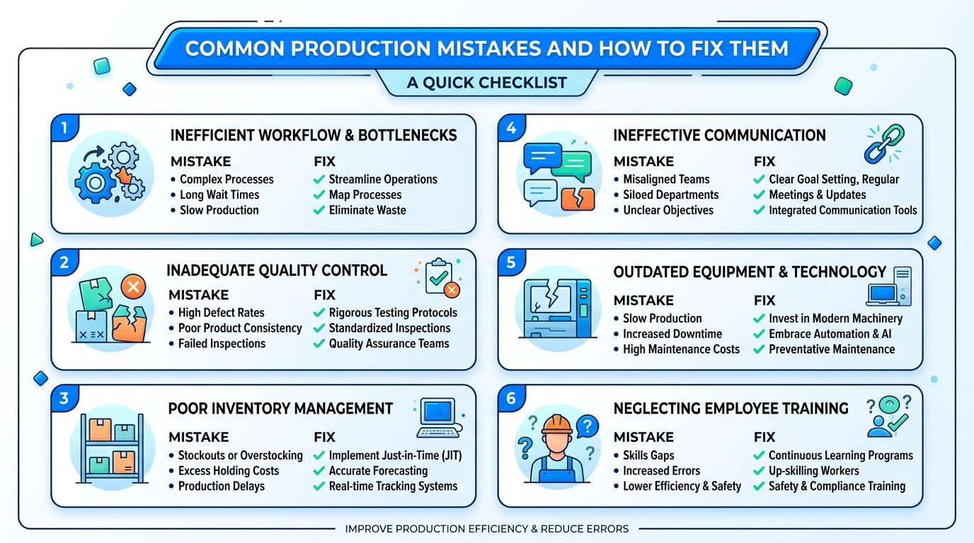 A quick checklist infographic illustrating six common production mistakes and practical solutions for improving operational efficiency.