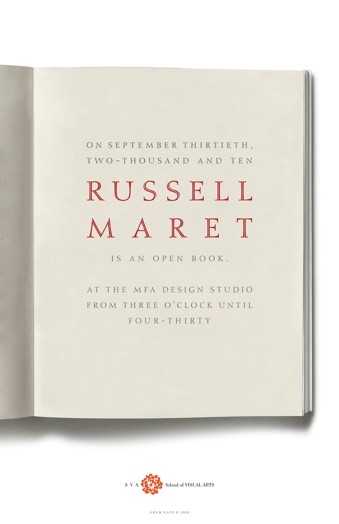 A poster from SVA, of an opened book with the text: Russell Maret.