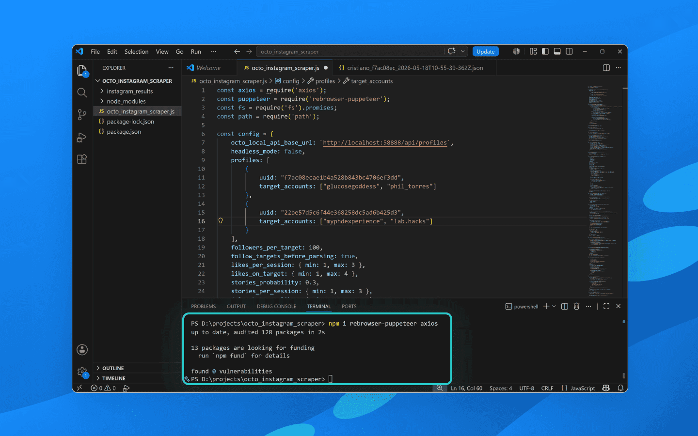 Open your terminal and run the following command to install the required Node.js dependencies: npm i rebrowser-puppeteer axios