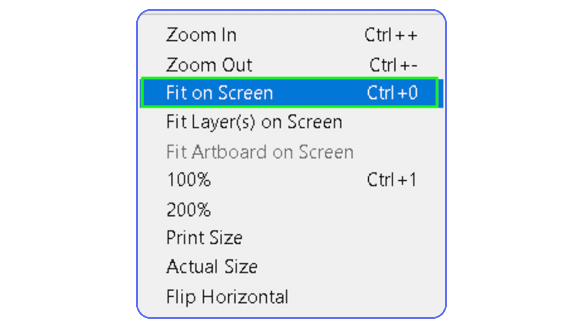 Photoshop View menu displaying the Fit on Screen option with the shortcut Ctrl + 0 highlighted.