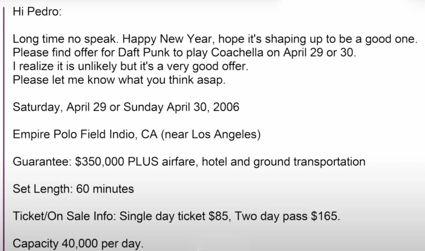 Coachella email to Daft Punk management. 2006. Credits : Pedro Winter