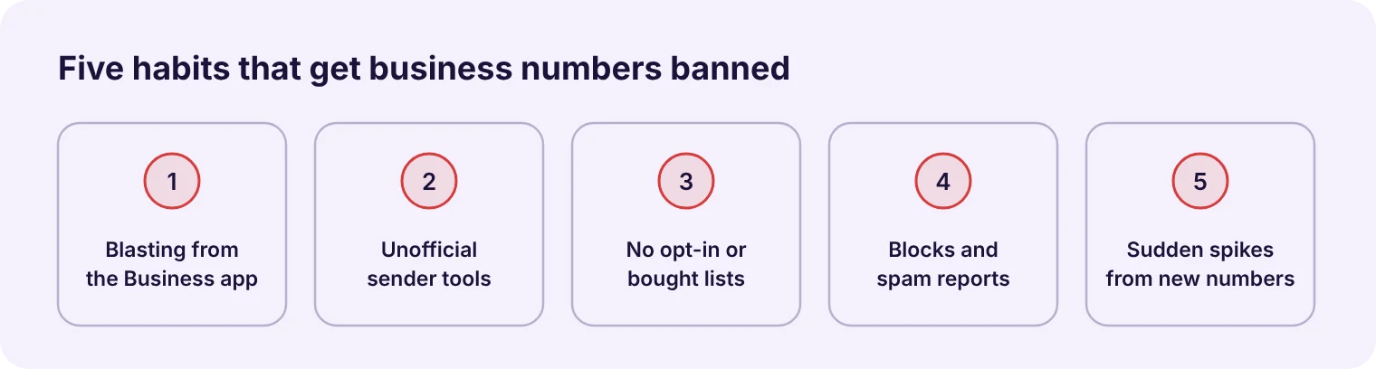 Five reasons WhatsApp bans business numbers: Business app blasts, unofficial tools, no opt-in, spam reports and sudden spikes