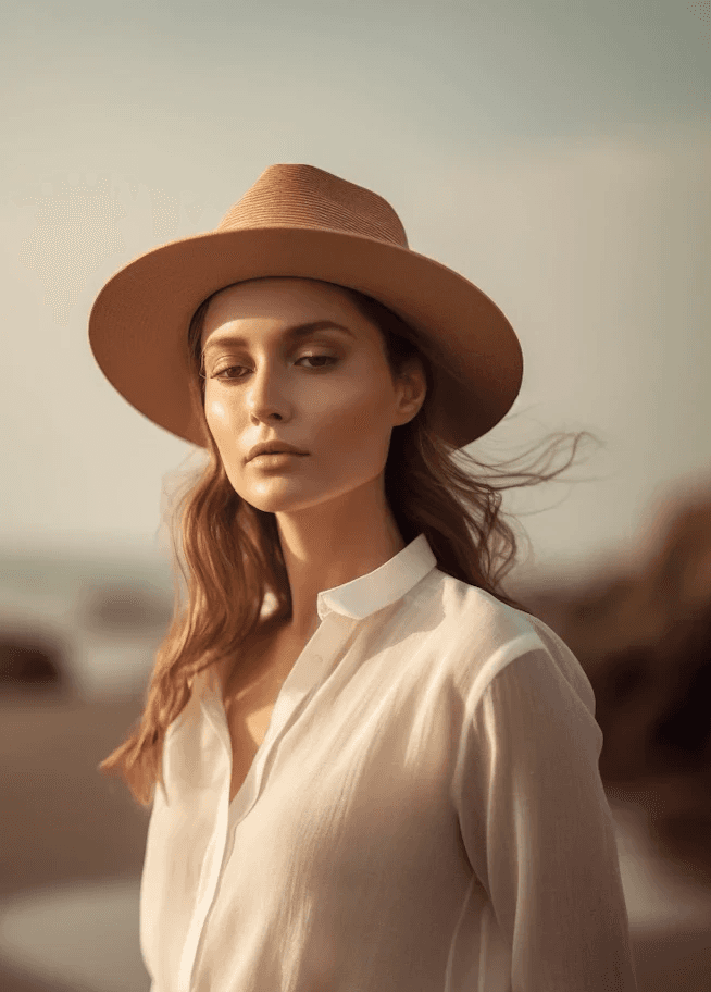 Back view of woman meditating by lake during orange sunset.