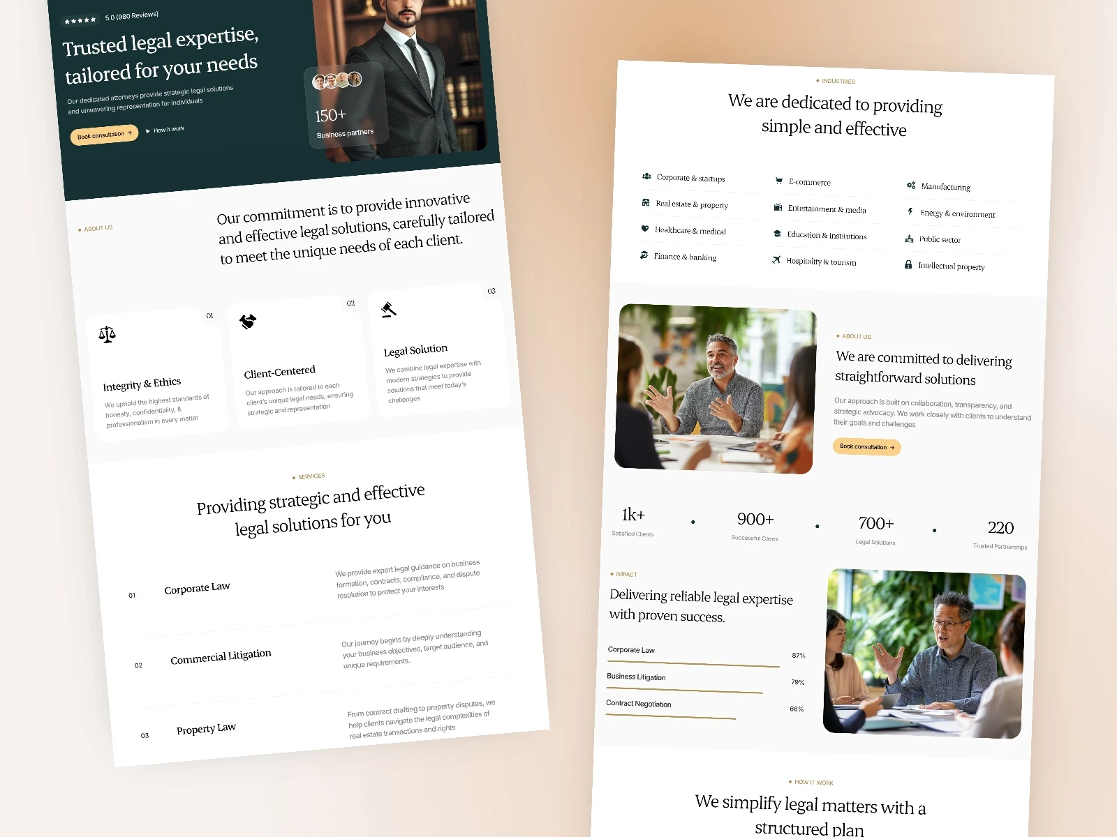 Civitas law firm template with hero section, practice area listings, client stats, success rates, and service category icons.