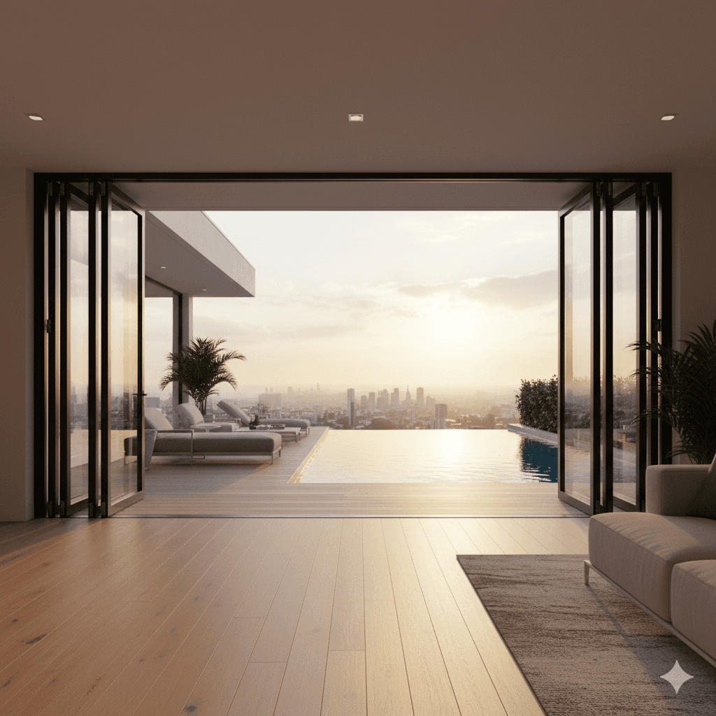 Modern kitchen with a wooden dining table, white chairs, and a hanging light fixture above.