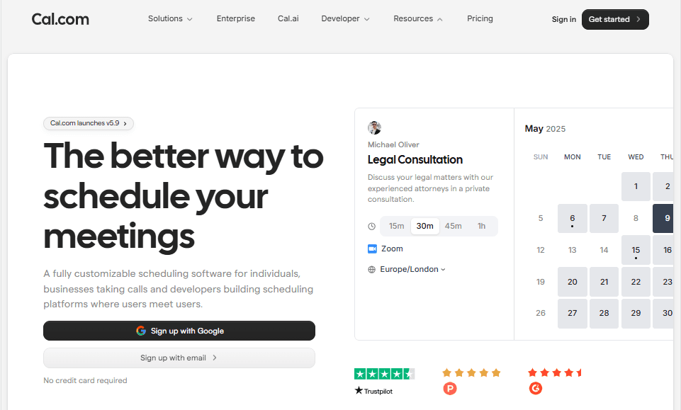 Homepage screenshot of Cal.com showing the sign up link, and navigation bar