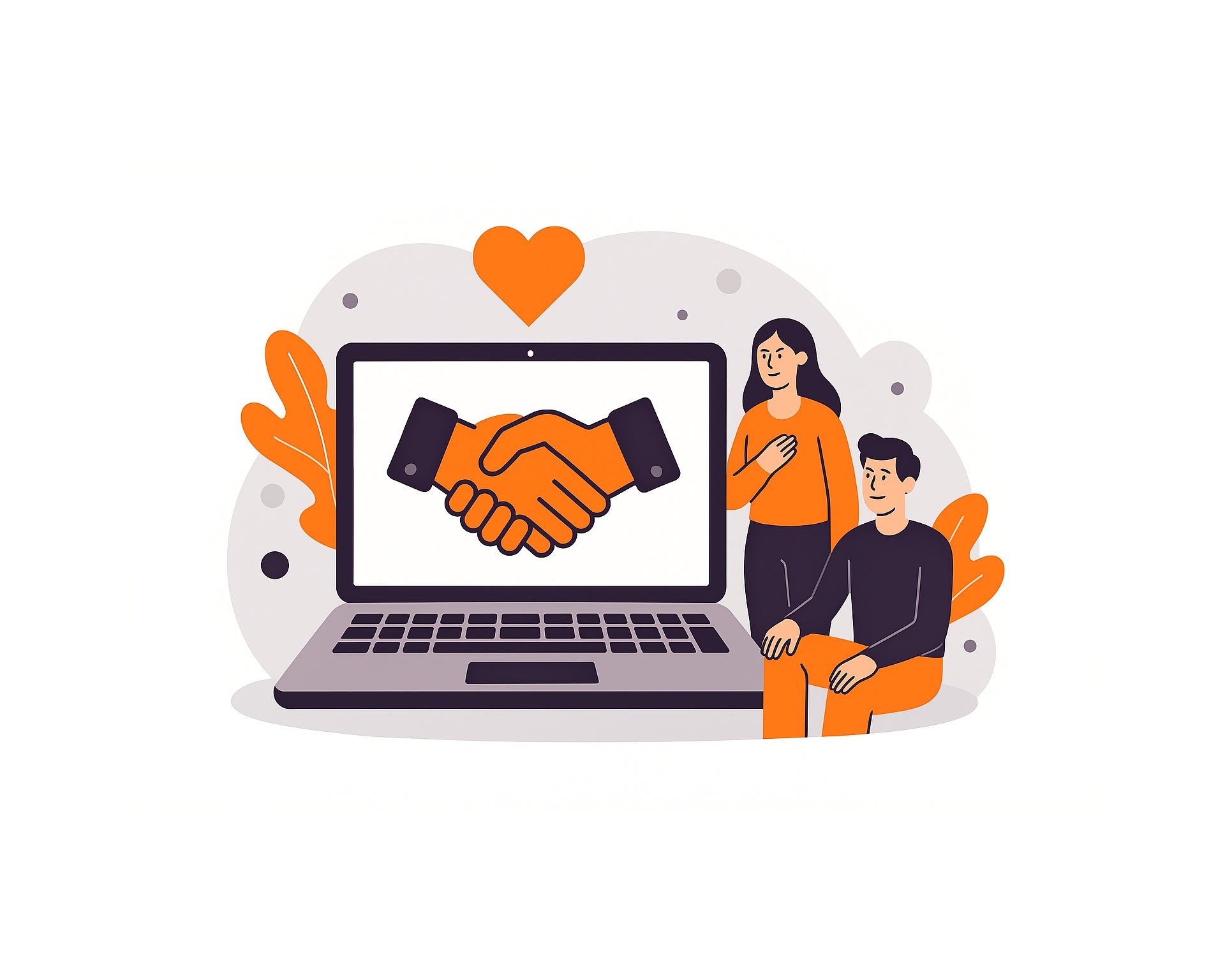 Illustration Vertrauen im Webdesign – Laptop mit Handschlag, Herzsymbol und zwei Personen, die Vertrauen zeigen, für KMU in der Schweiz und Liechtenstein