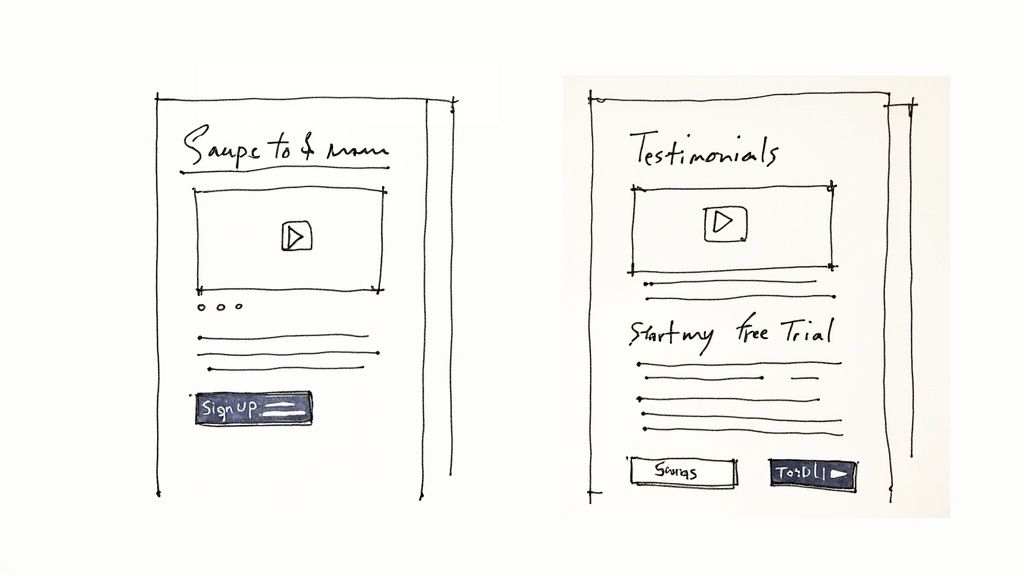 A person designing two different versions of a landing page on a computer screen.