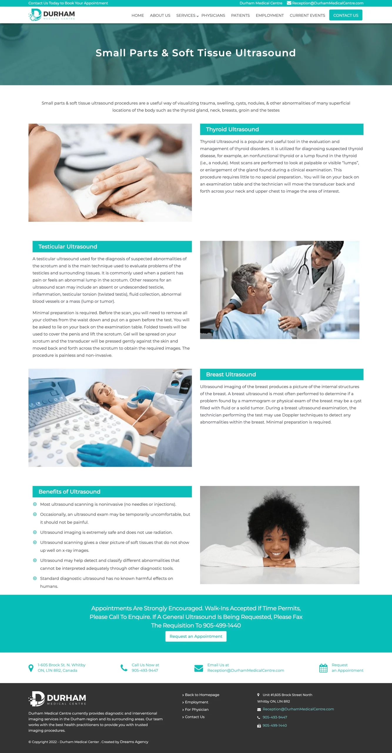 Small Parts & Soft Tissue Ultrasound Page For Durham Medical Centre website developed & designed by Dreams Agency Mississauga, Ontario