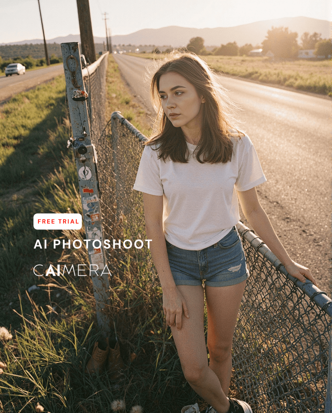 Sunset photography of a country road scene bathed in golden hour light with a vintage film aesthetic and rural landscape backdrop