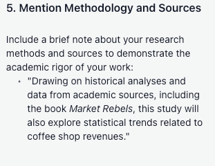 thesify chat recommending a short methods and sources line with an example sentence referencing historical analyses and Market Rebels