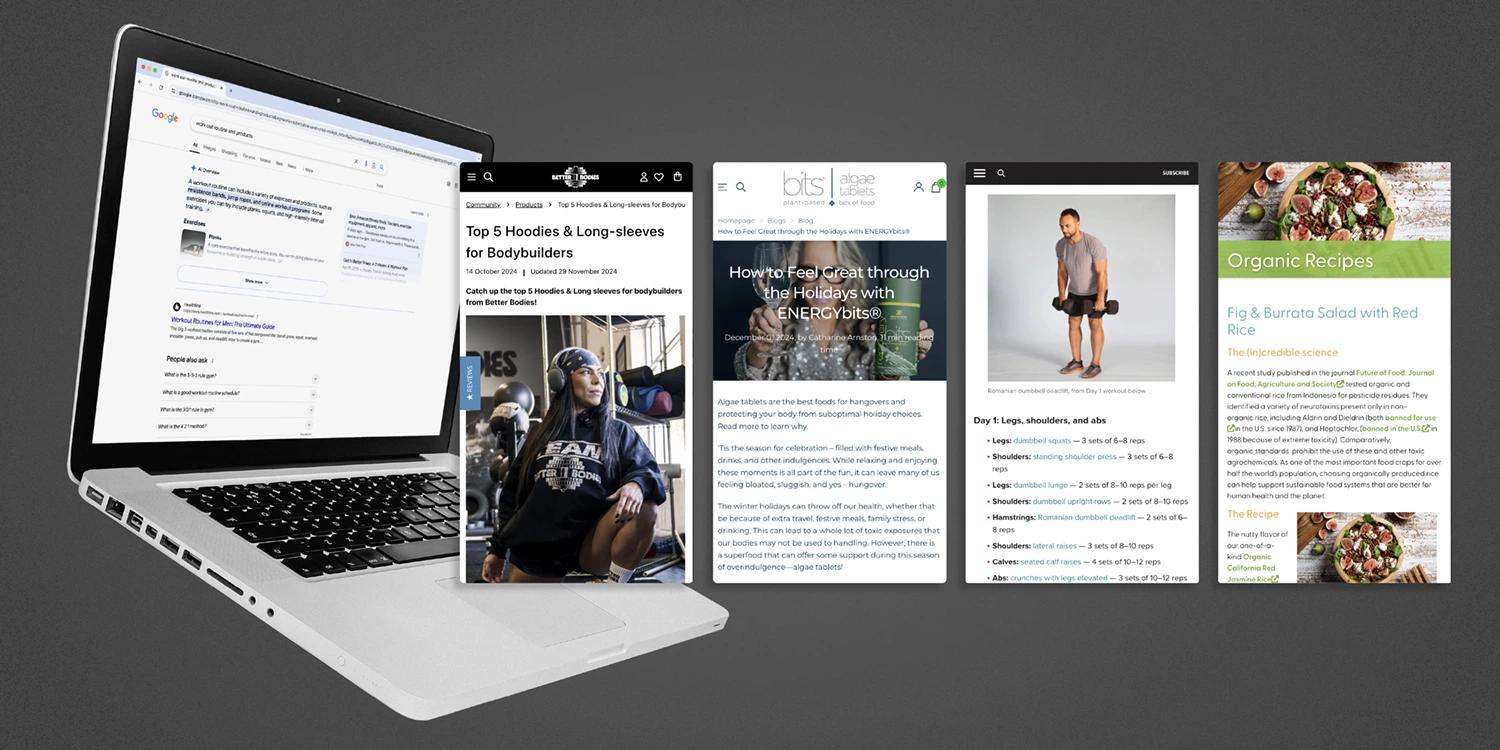 A laptop with four separate screens nearby showing content from health and wellness brands.