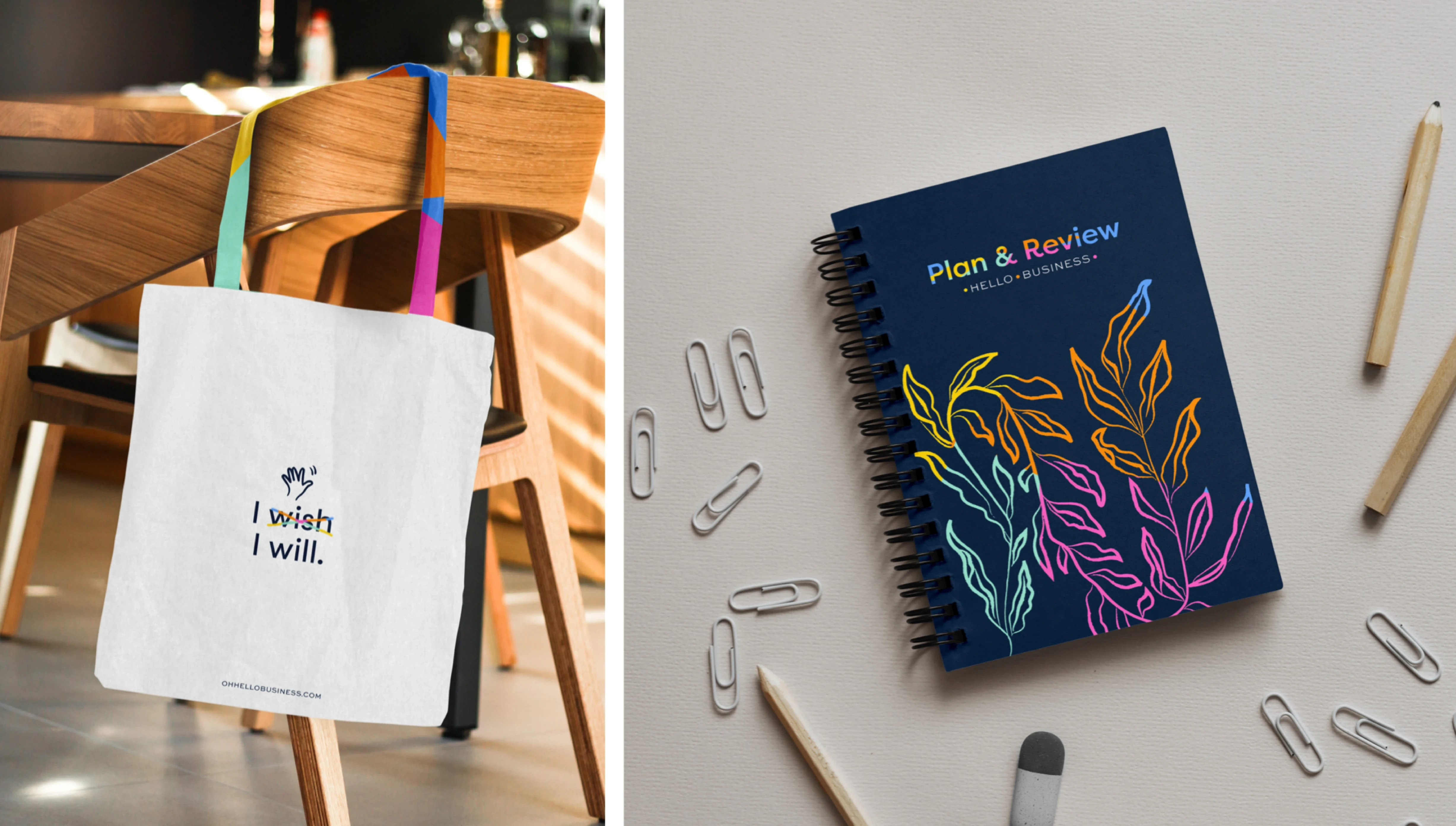 swag mockup of tote bag and journal for business coach