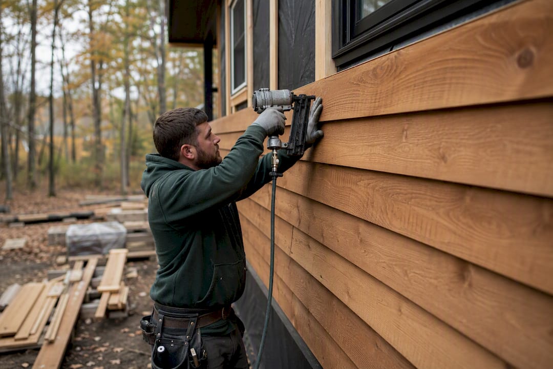 Hands installing wood siding exterior