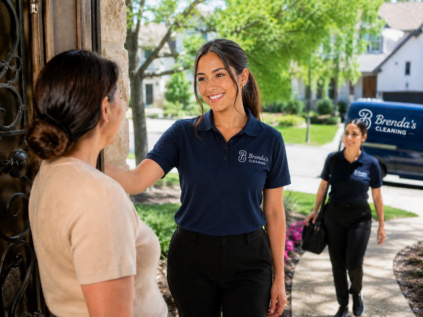 A smiling professional house cleaning specialist with Brenda's Cleaning service greeting a residential client at the front door of her home. Dressed in a company-branded navy blue uniform polo shirt and black work trousers, she establishes a friendly, trusted relationship for local maid services. In the background, a second house cleaner carrying a black equipment bag approaches along a stone walkway, with a navy blue Brenda's Cleaning company van parked on the residential street. The scene highlights reliable residential housekeeping, professional home cleaning, and top-rated maid services throughout Keller and Southlake, Texas.