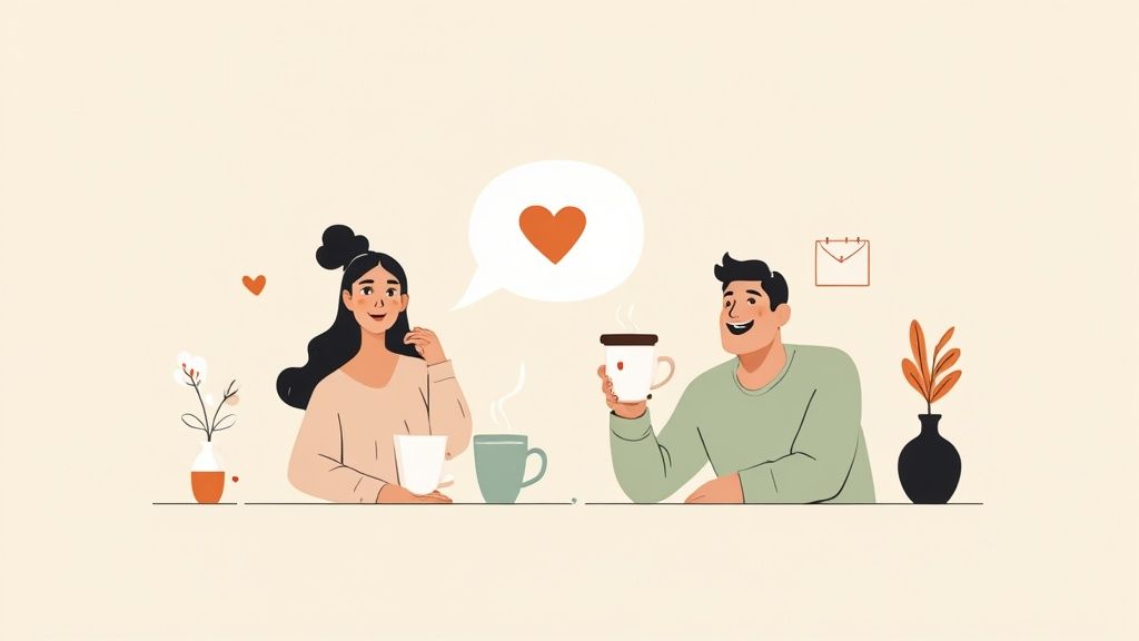 A couple smiling and drinking coffee, with a heart speech bubble, symbolizing communication and connection.