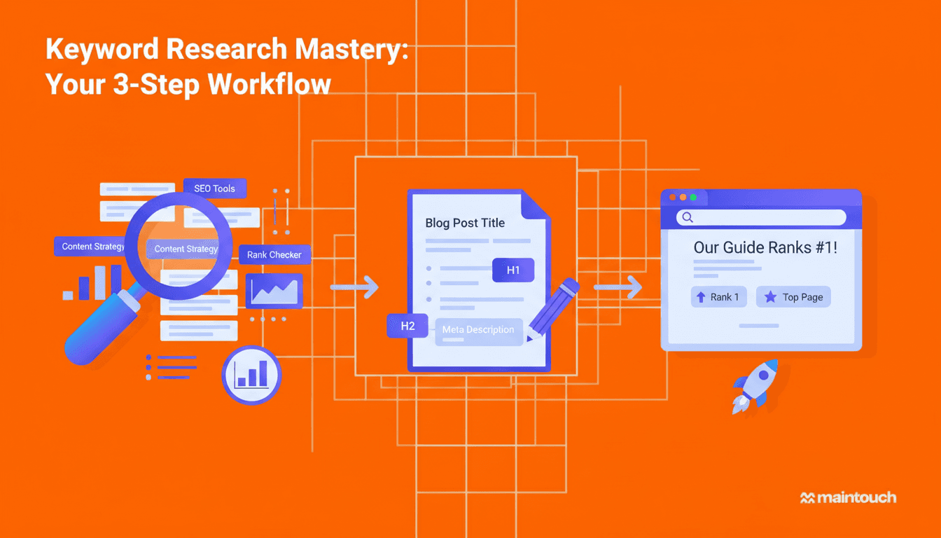 A clean, professional illustration showing keyword research workflow stages: a magnifying glass over search data and keywords on the left, flowing to a content document with SEO optimization elements in the middle, ending with a published webpage with ranking indicators on the right. Use a modern flat design style with blue and purple gradient colors. Include icons representing analytics, writing, and publishing. Make it suitable for a B2B SaaS blog post about keyword research tools.
