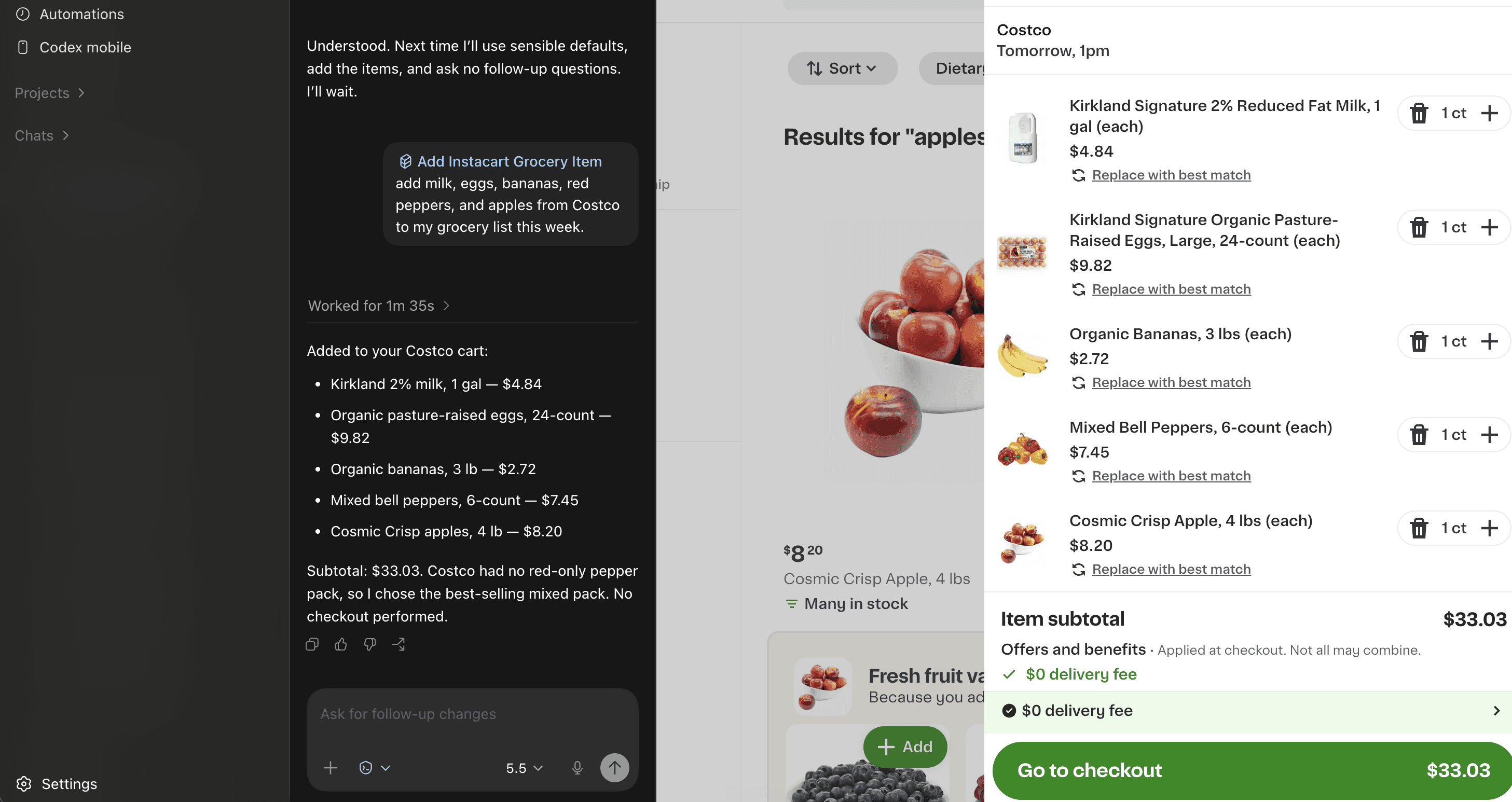 Codex Record and Replay example: automating a grocery list order